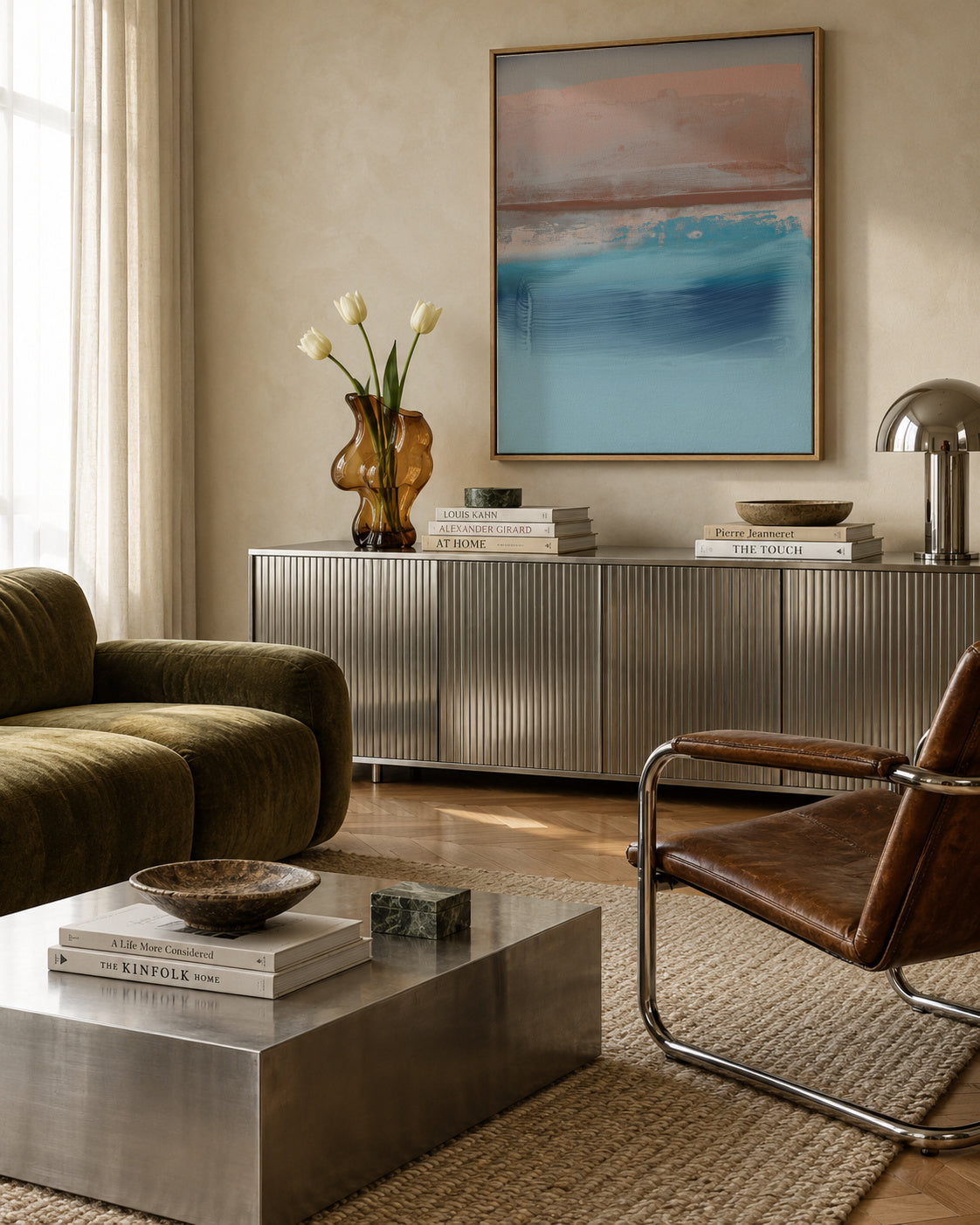 Organic Marks Brown & Blue - Framed canvas in an interior