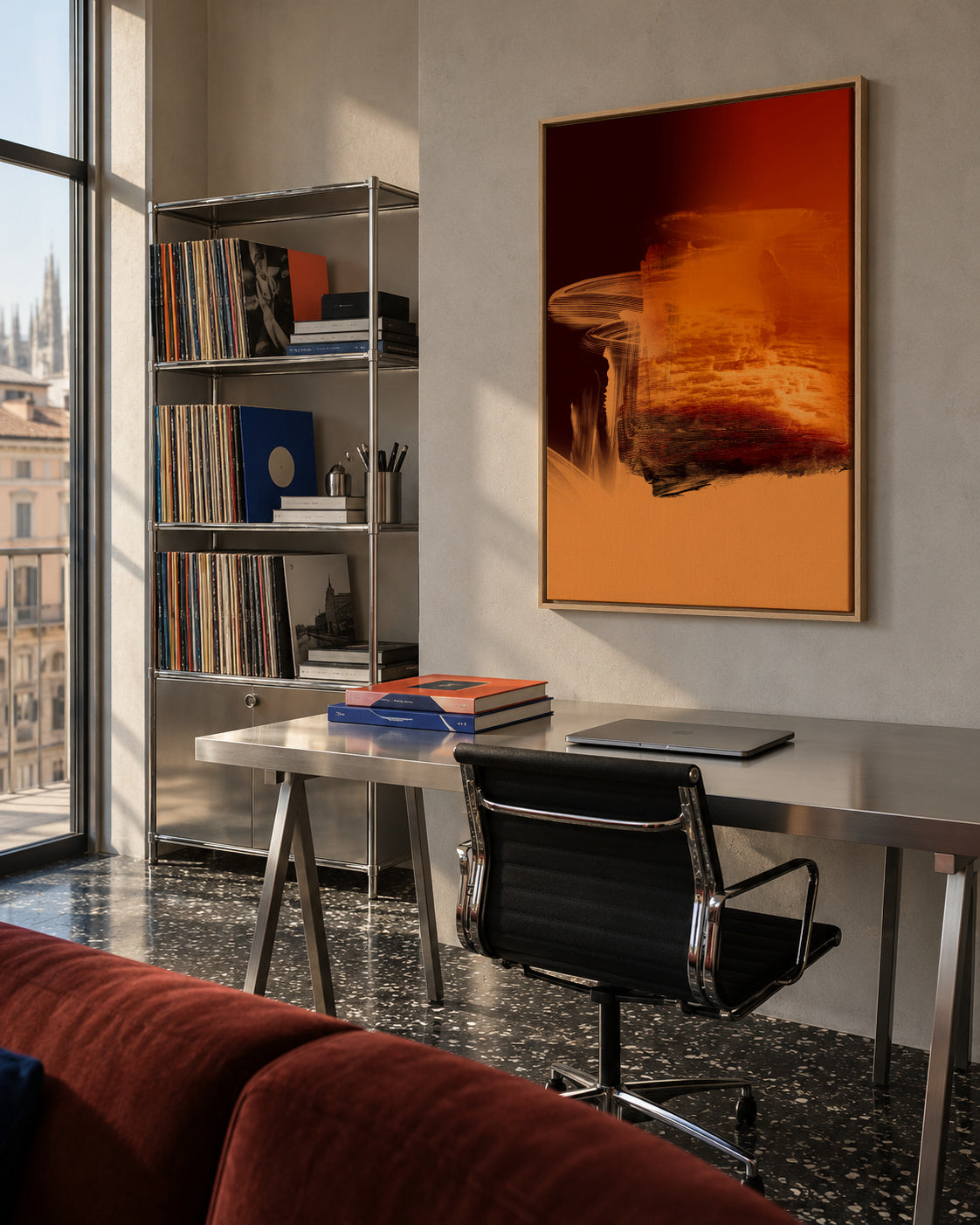 Expressive Fiery Orange Abstract - Framed canvas in an interior