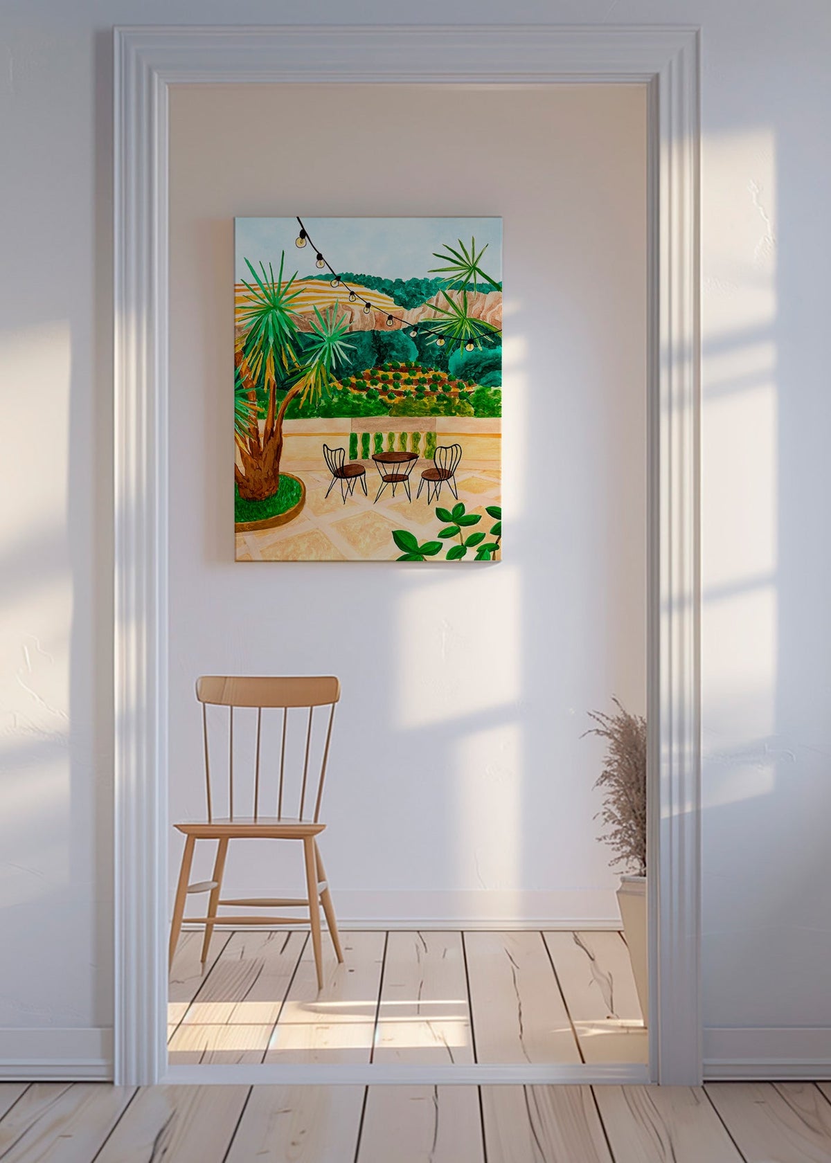 Lámina botánica: terraza mediterránea con palmeras – Canvas