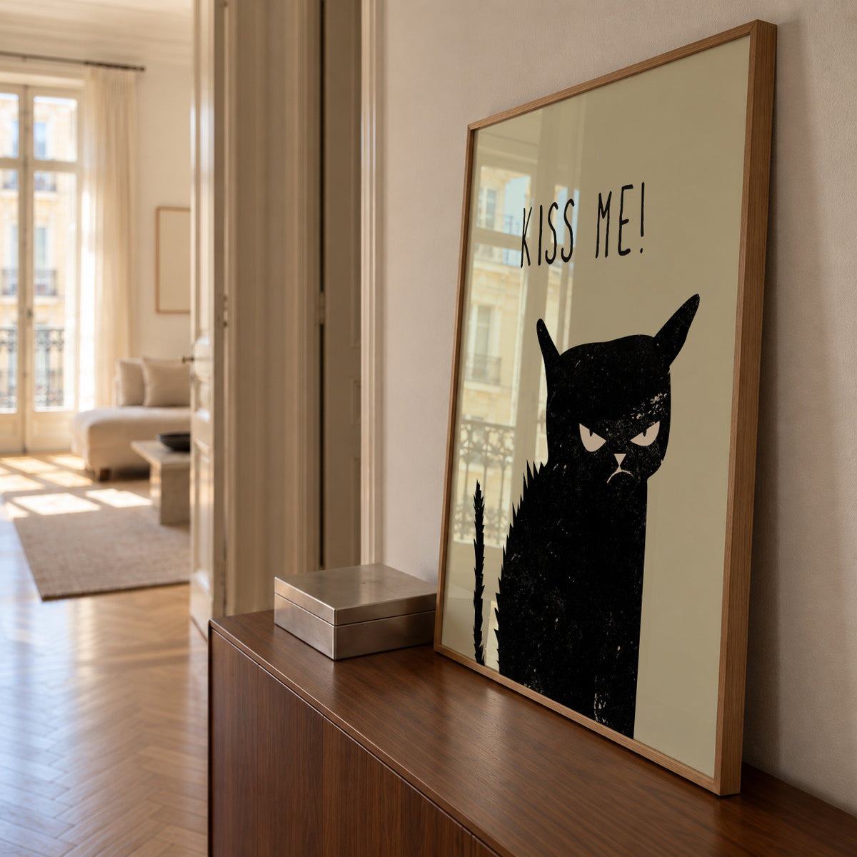 Kiss me cat - Framed poster in an interior
