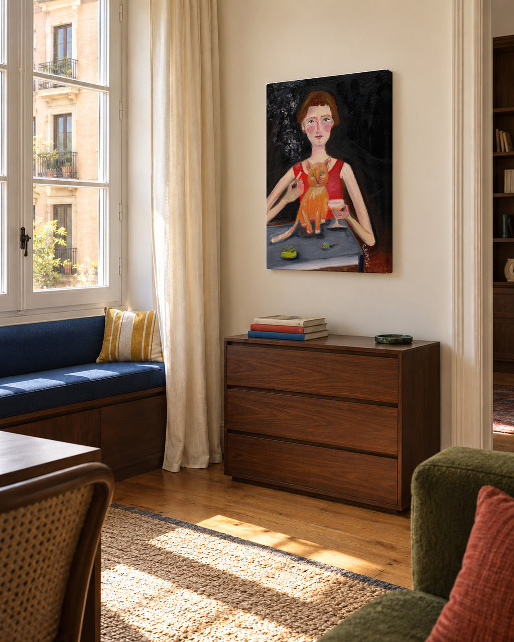 Vintage woman with cocktail and cat - Unframed canvas in an interior