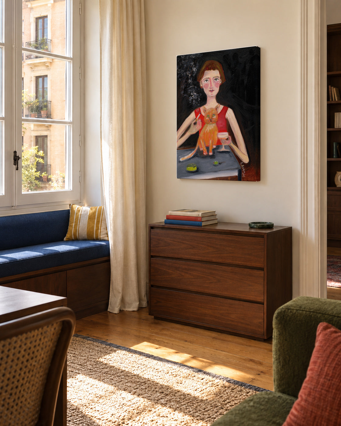 Vintage woman with cocktail and cat - Unframed canvas in an interior