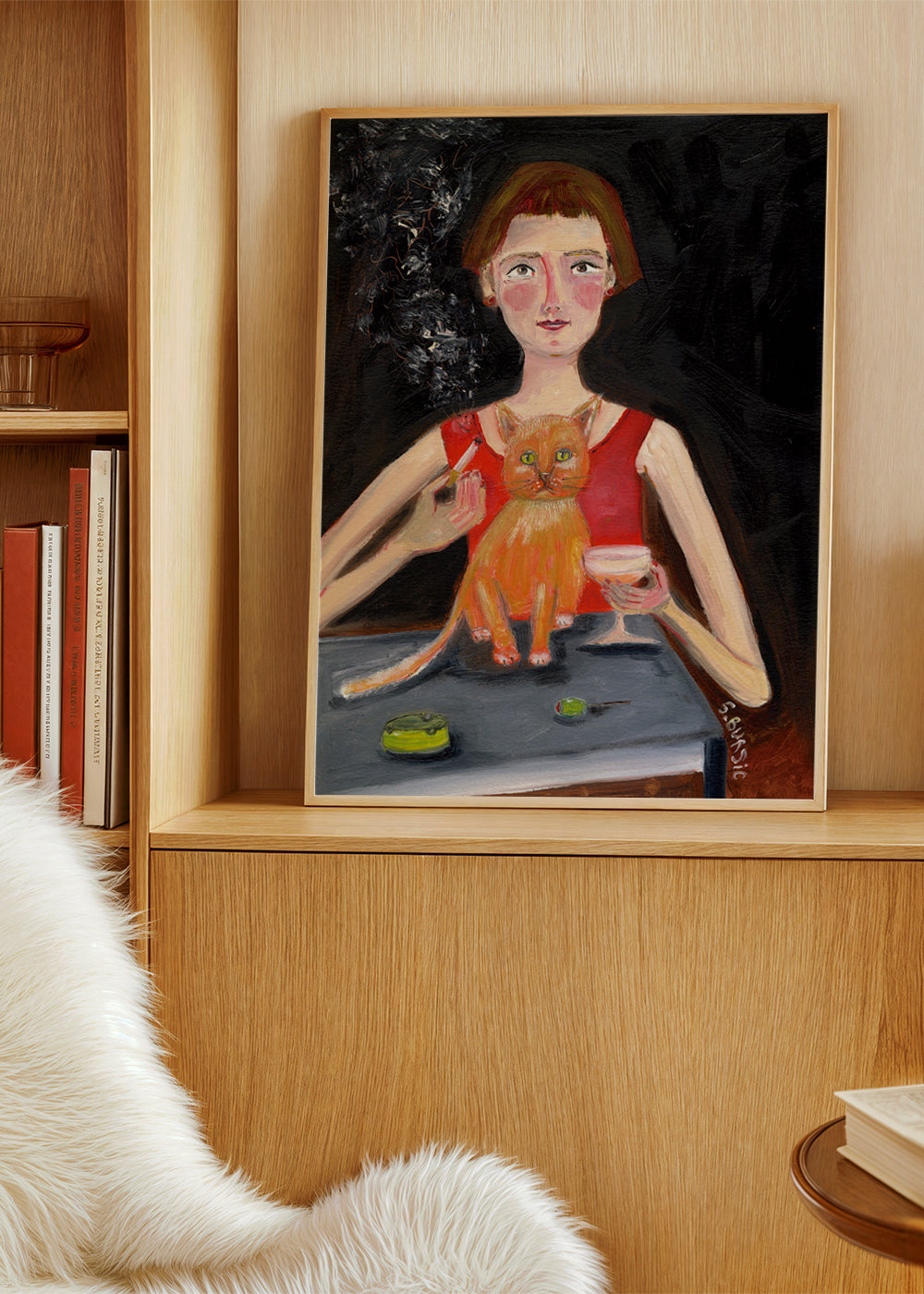 Vintage woman with cocktail and cat