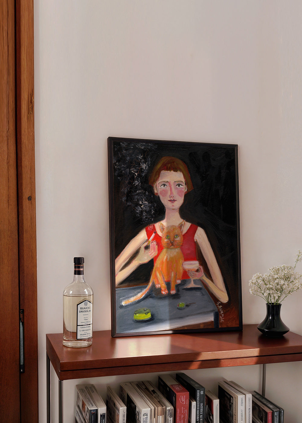 Vintage woman with cocktail and cat - Framed poster in an interior