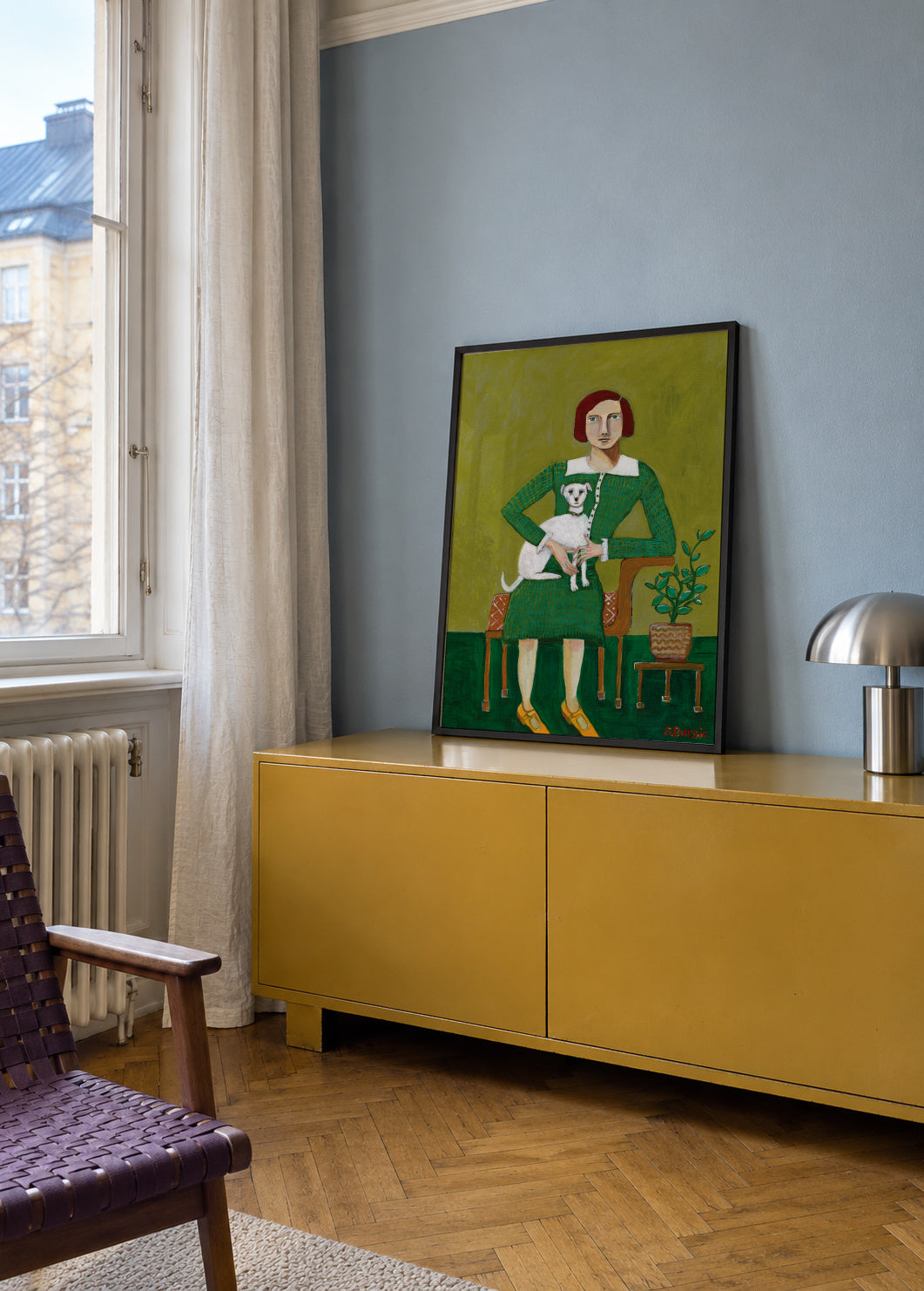 Vintage Lady with her white dog - Framed poster in an interior