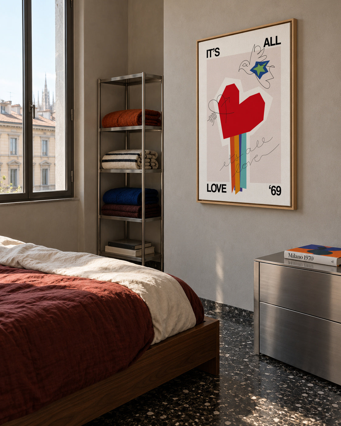 It's All Love '69 Heart Greige - Framed canvas in an interior