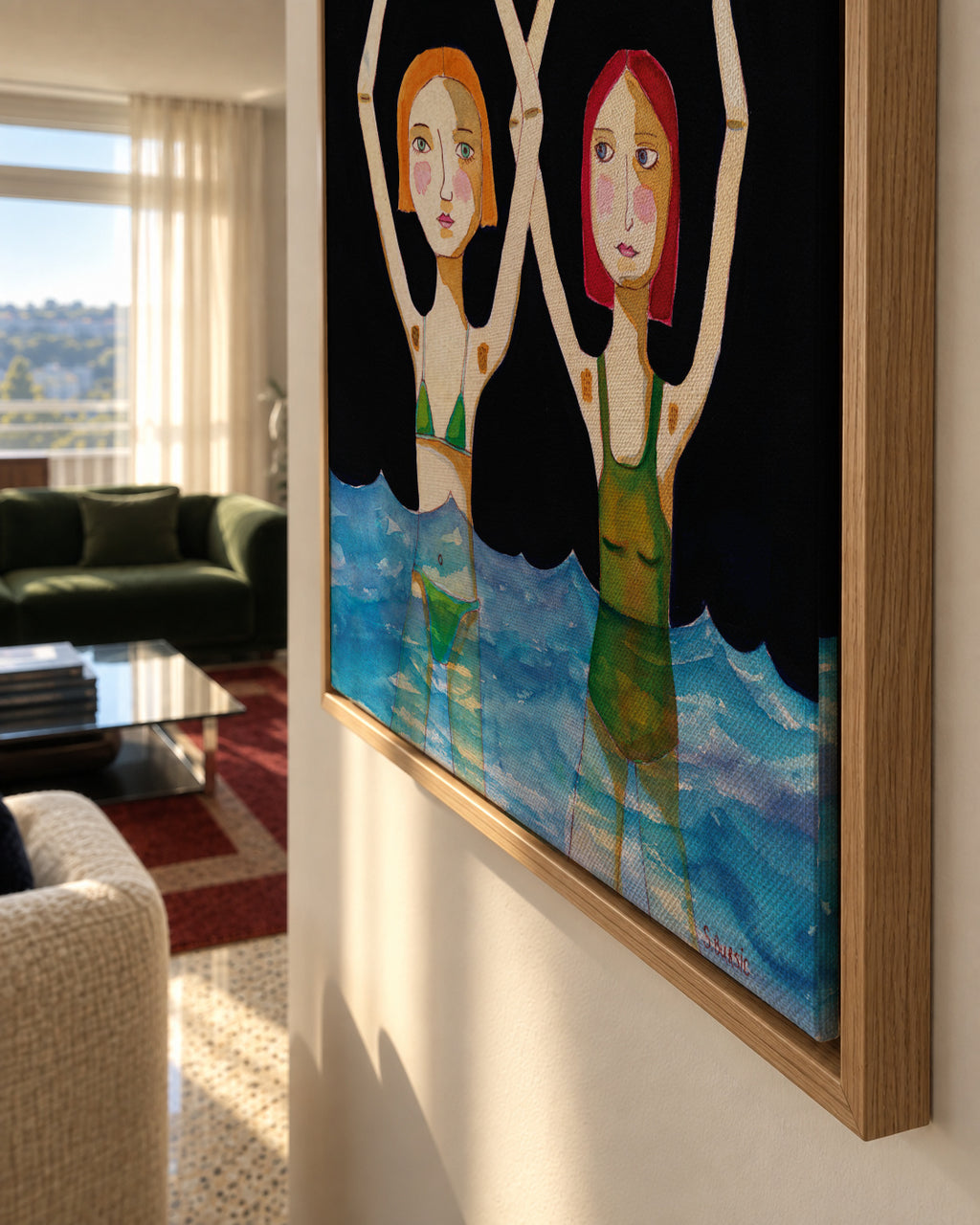 Swimming Girls with Sausage Dog - Framed canvas detail