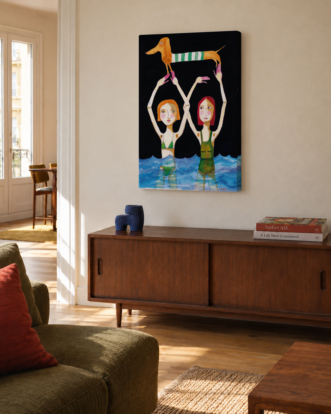 Swimming Girls with Sausage Dog - Unframed canvas in an interior