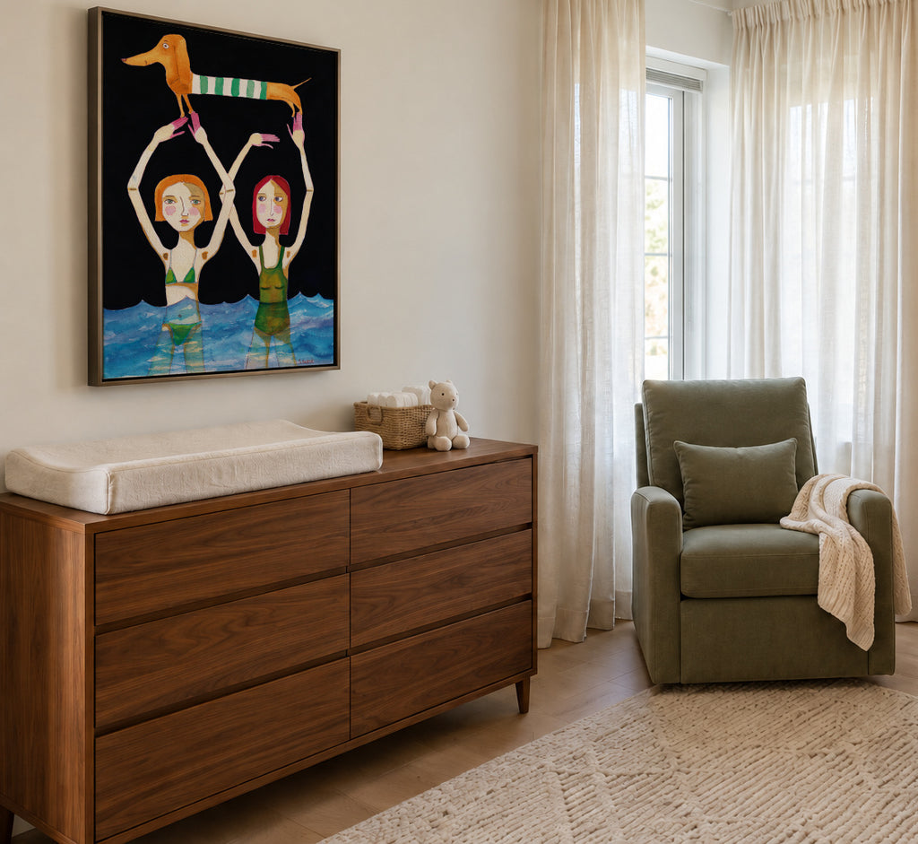 Swimming Girls with Sausage Dog - Framed canvas in an interior