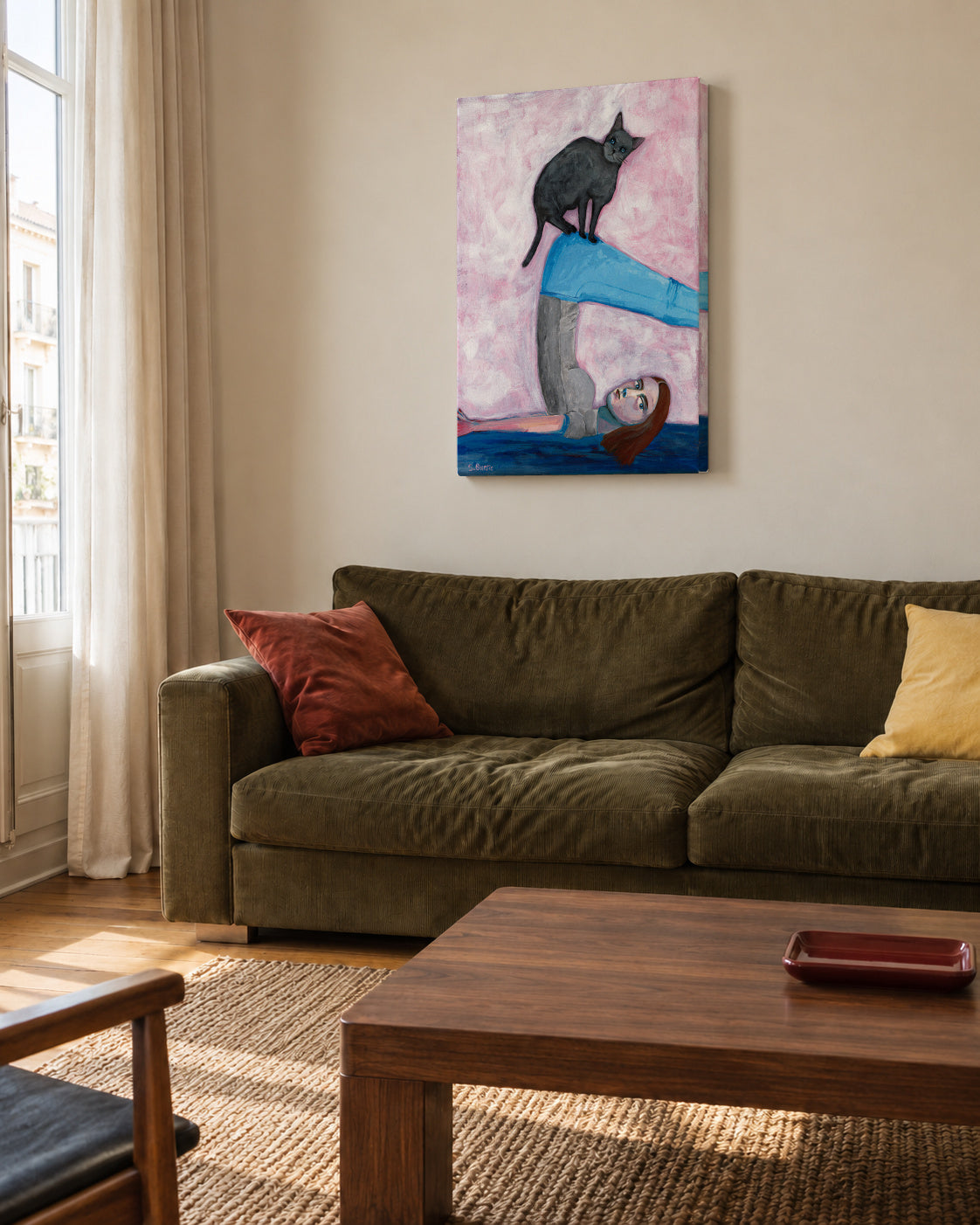 Yoga with my Cat - Unframed canvas in an interior