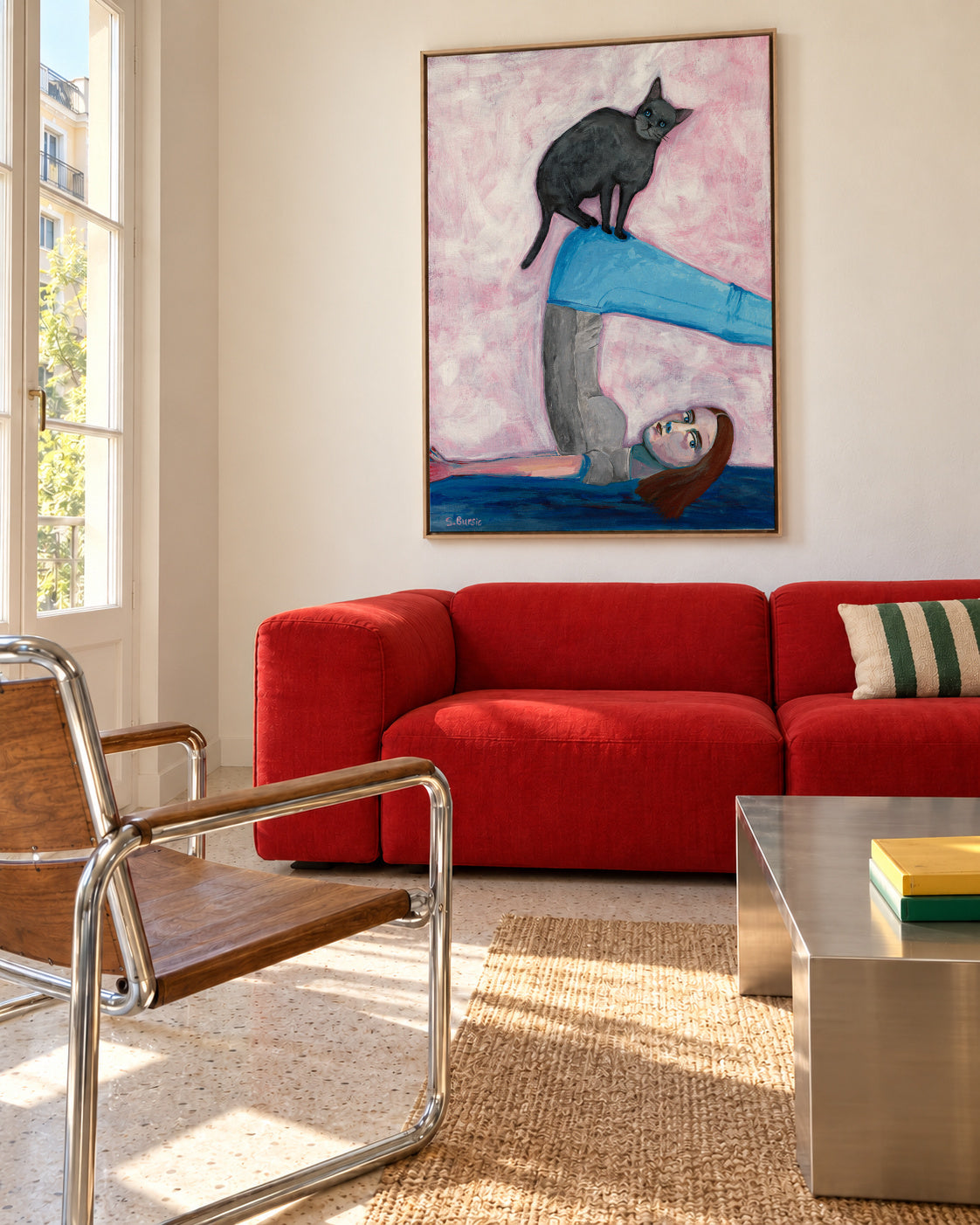 Yoga with my Cat - Framed canvas in an interior