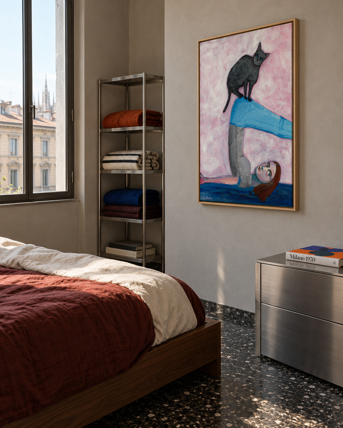 Yoga with my Cat - Framed canvas in an interior