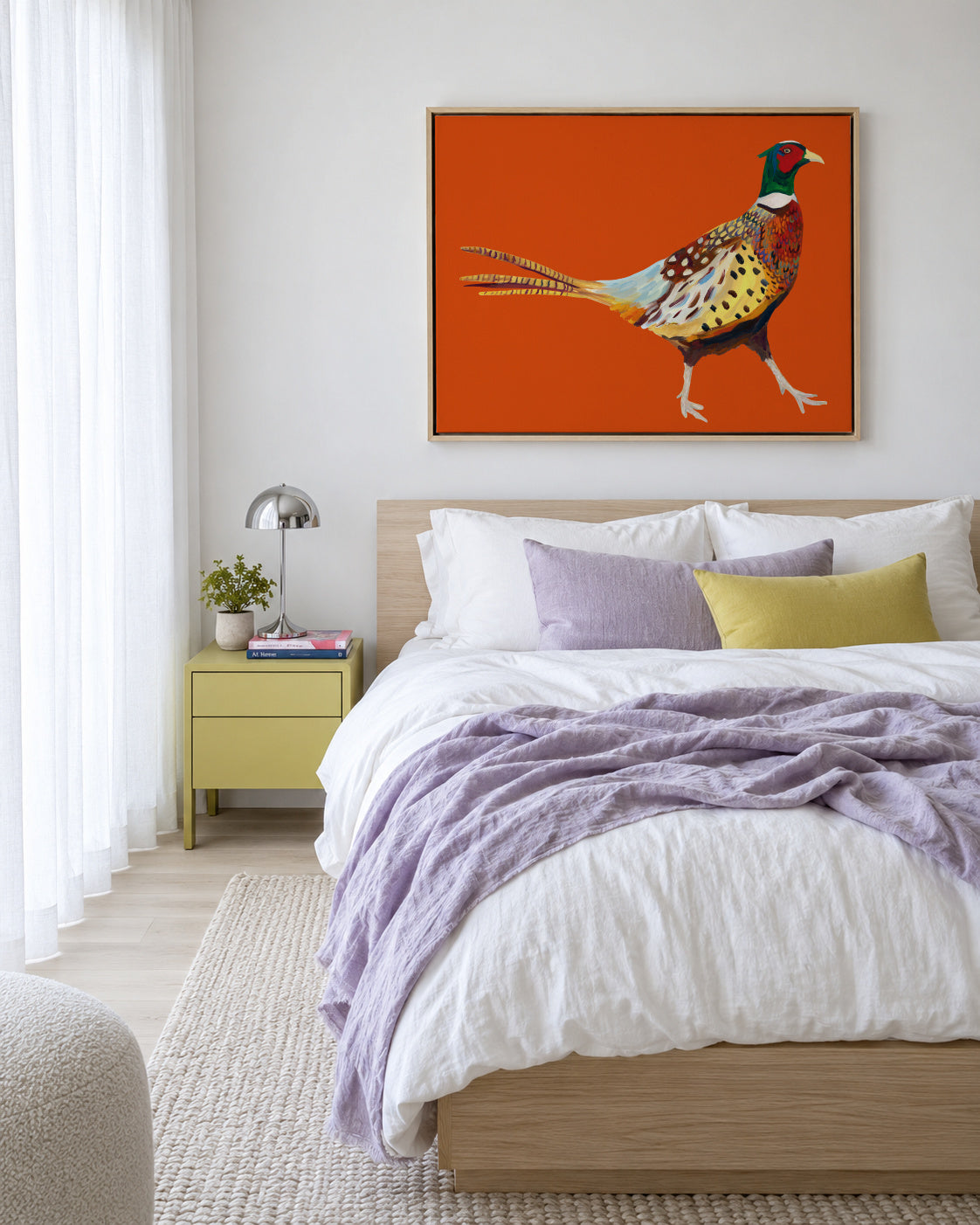 Strutting Pheasant On Orange - Framed canvas in an interior