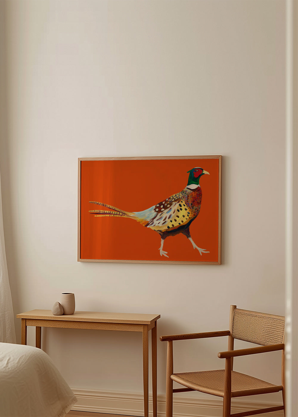 Strutting Pheasant On Orange - Framed poster in an interior