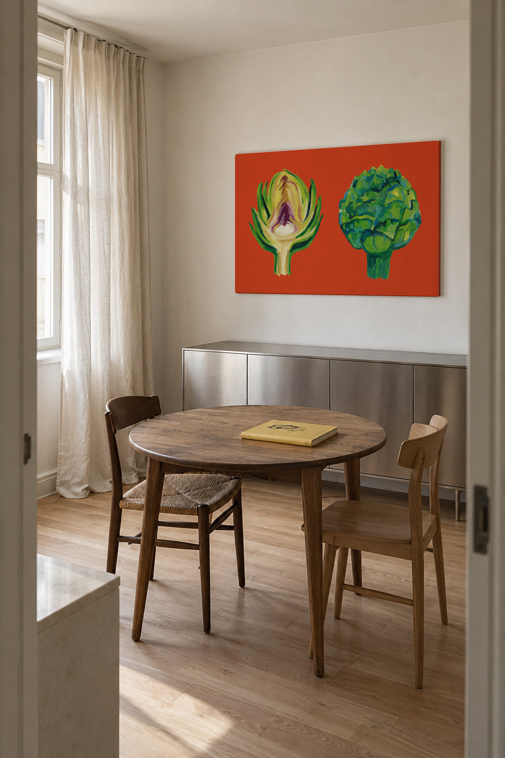 Artichokes On Orange - Unframed canvas in an interior
