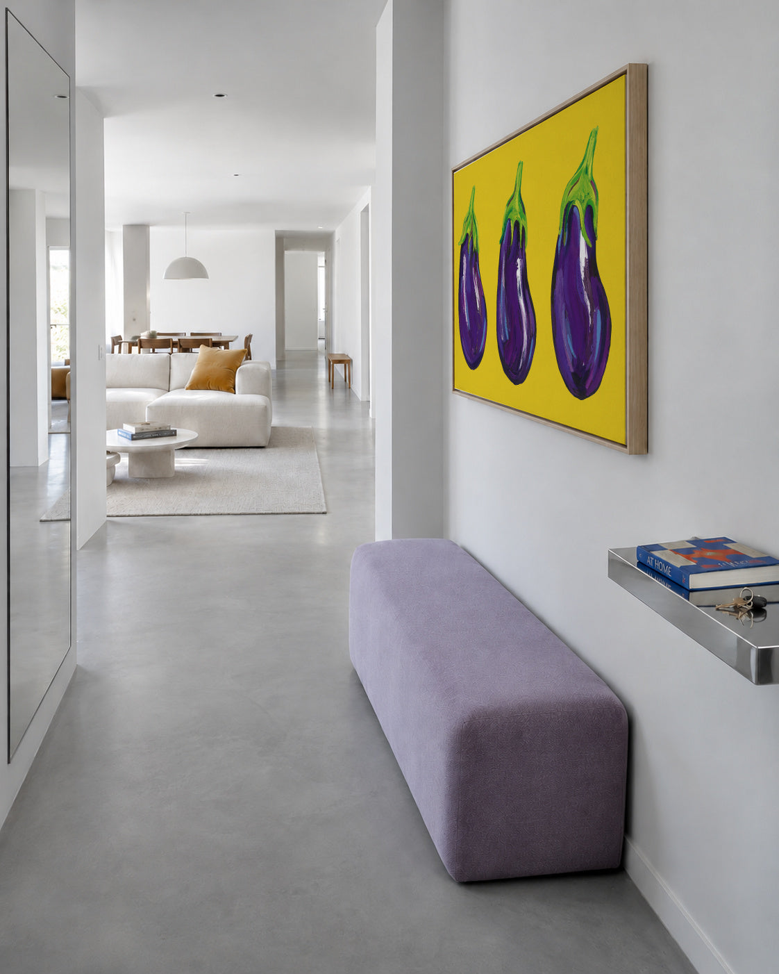 Aubergines On Yellow - Framed canvas in an interior