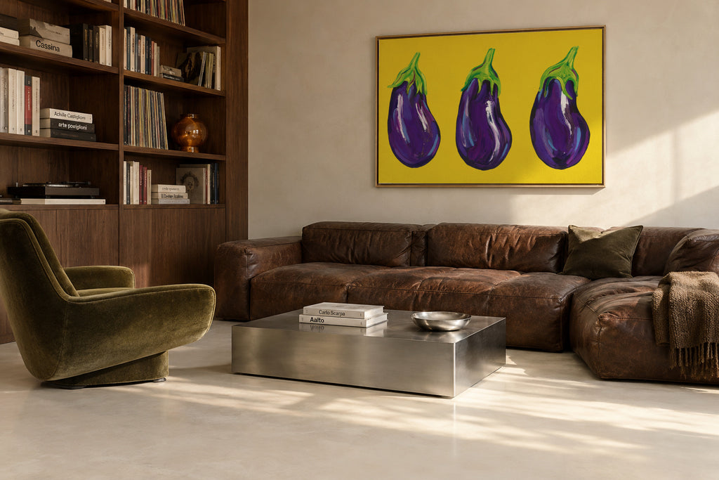 Aubergines On Yellow - Framed canvas in an interior