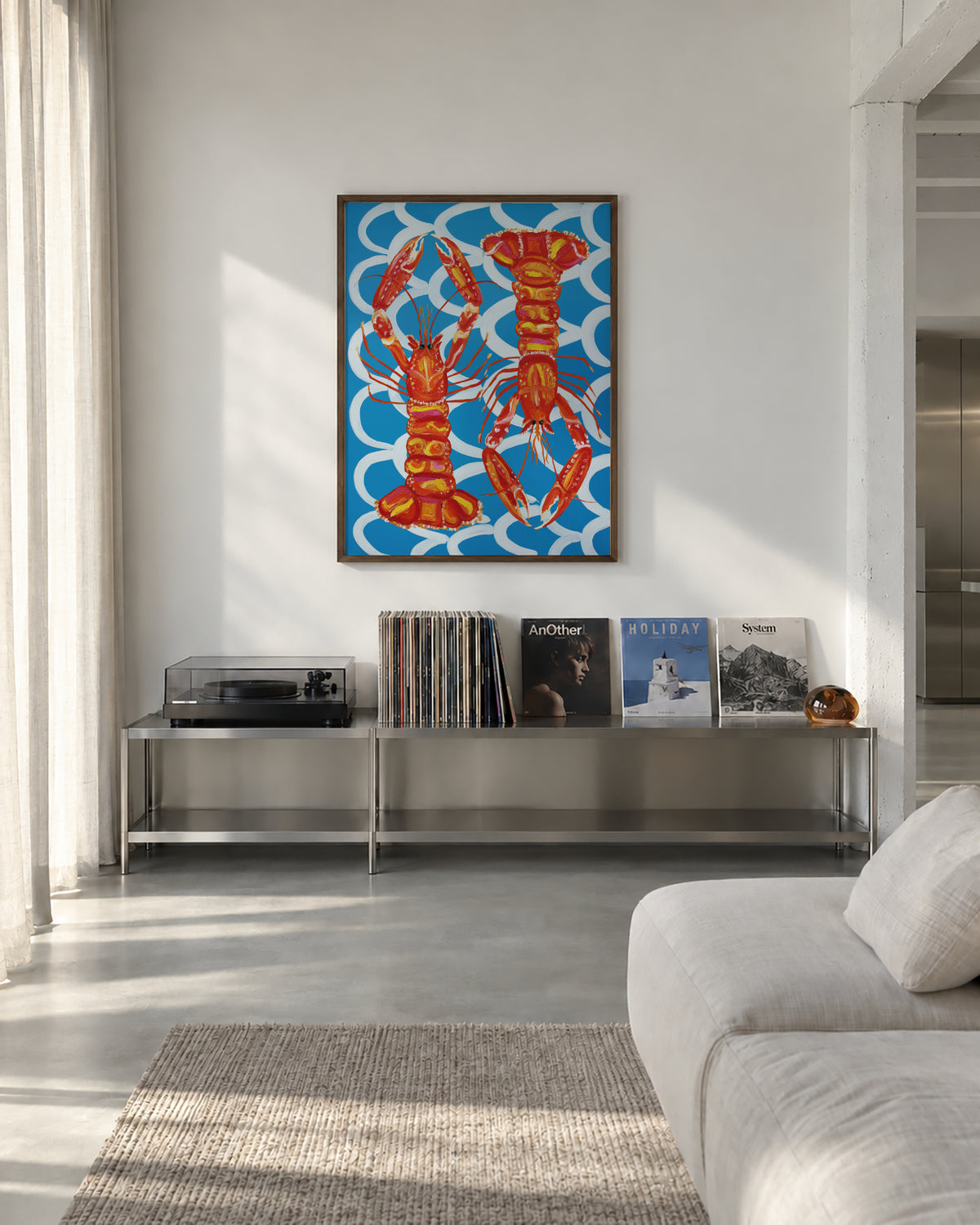 Langoustines On Blue - Framed poster in an interior
