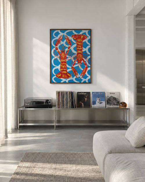 Langoustines On Blue - Framed poster in an interior