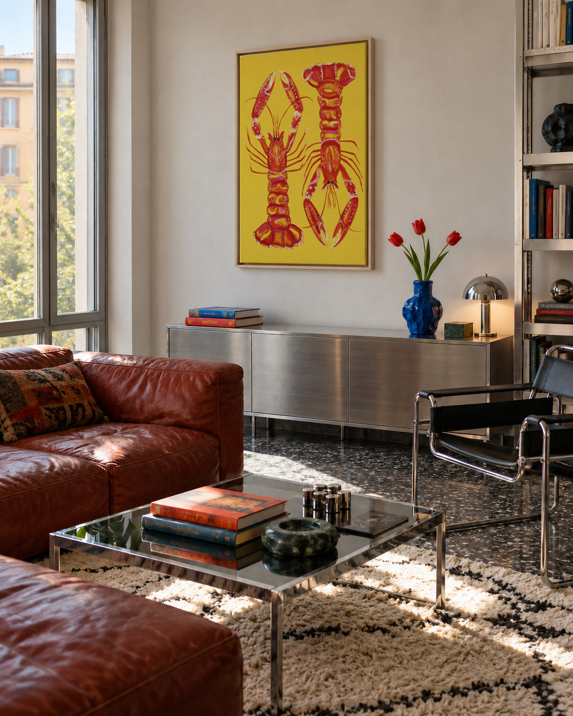 Langoustines On Yellow - Framed canvas in an interior