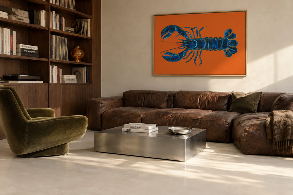 Lobster On Orange - Framed canvas in an interior