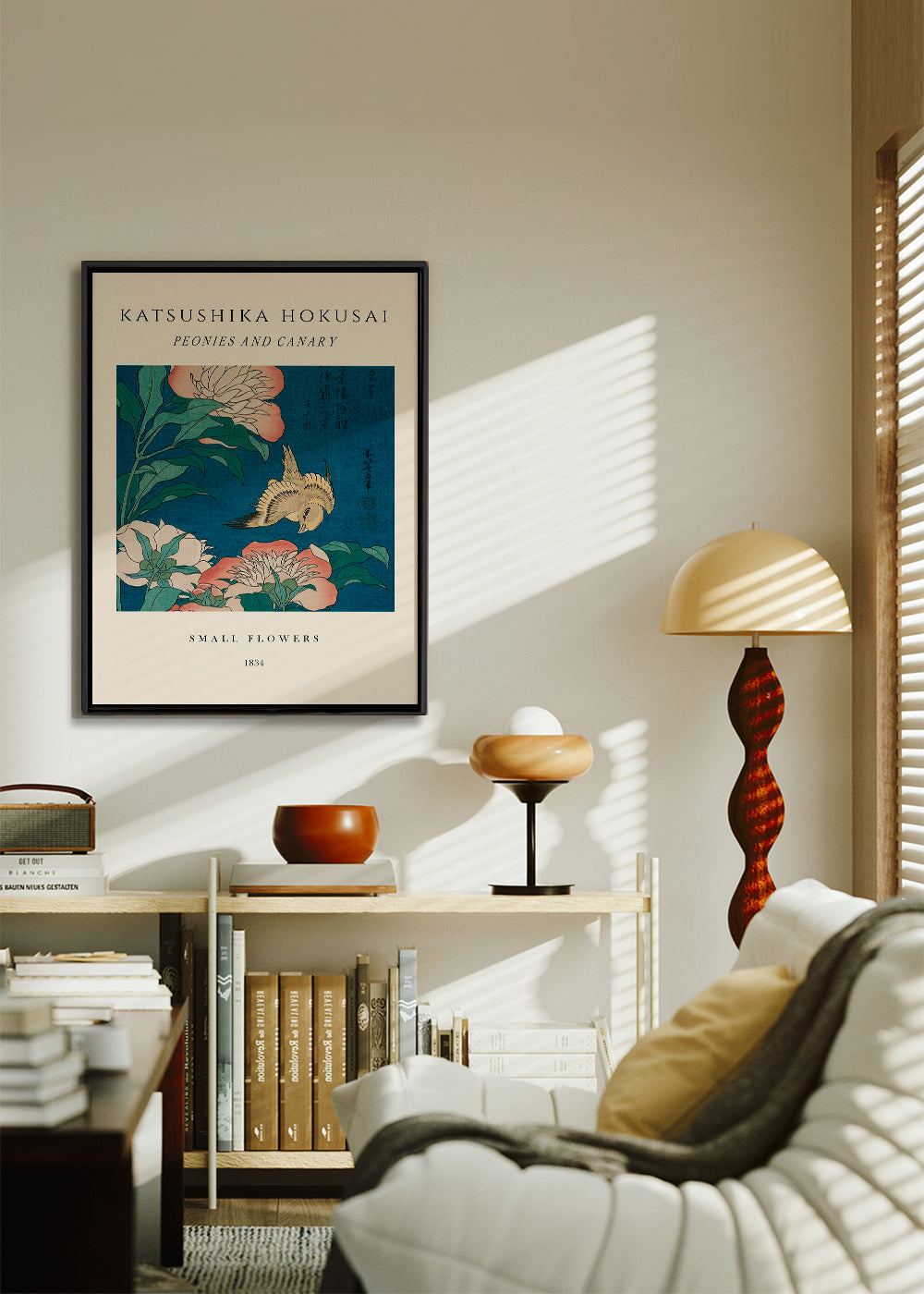 Peonies and Canary Exhibition - Katsushika Hokusai