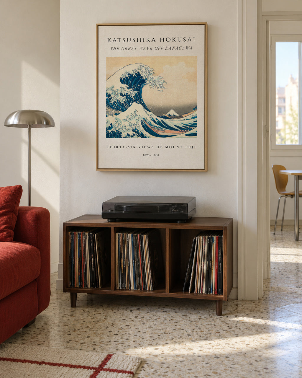 The Great Wave of Kanagawa Exhibition White - Katsushika Hokusai - Framed canvas in an interior