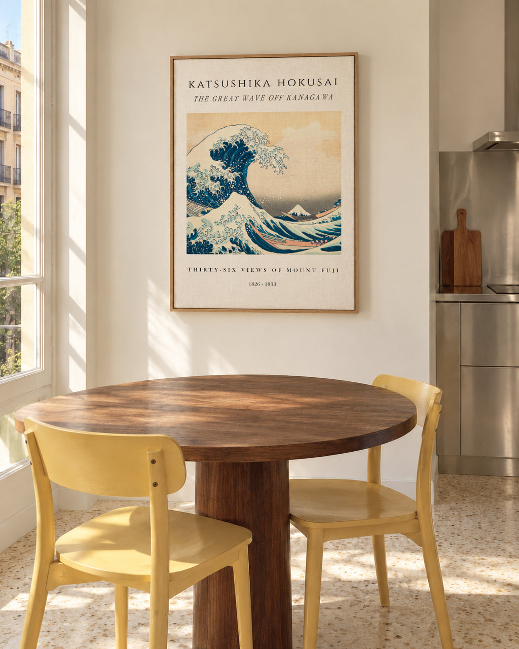 The Great Wave of Kanagawa Exhibition White - Katsushika Hokusai - Framed canvas in an interior