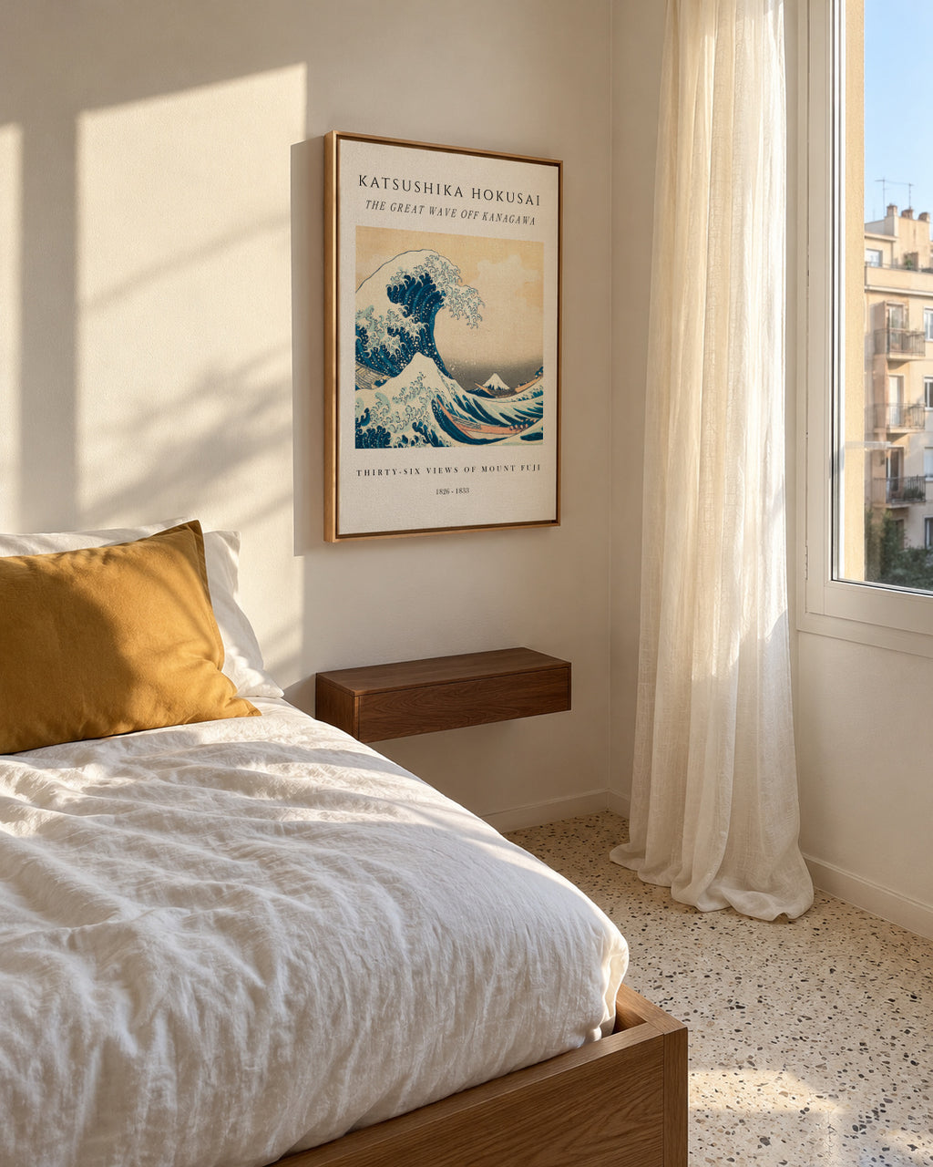 The Great Wave of Kanagawa Exhibition White - Katsushika Hokusai - Framed canvas in an interior