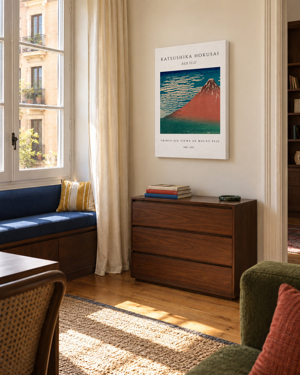 Red Fuji Exhibition White - Katsushika Hokusai - Unframed canvas in an interior