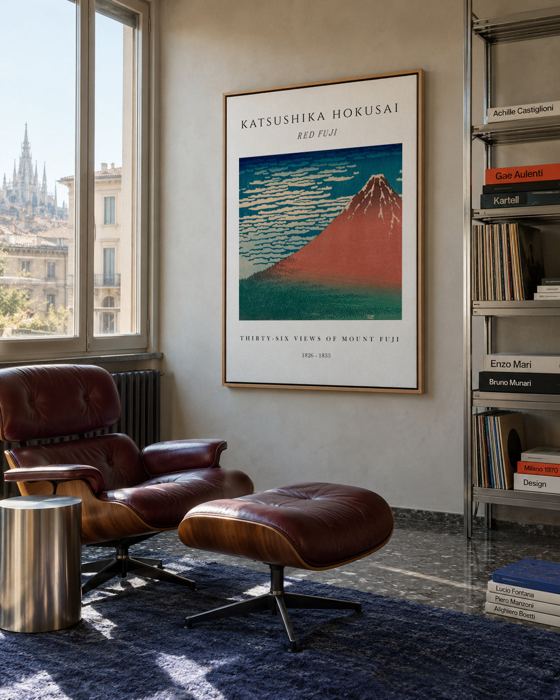 Red Fuji Exhibition White - Katsushika Hokusai - Framed canvas in an interior