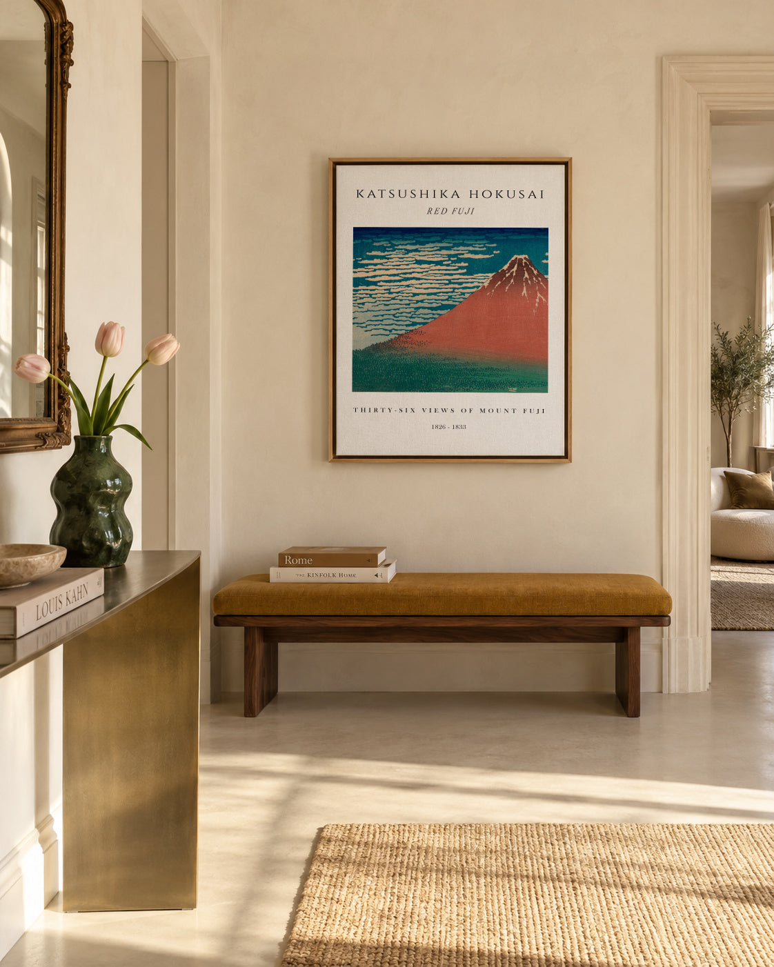 Red Fuji Exhibition White - Katsushika Hokusai - Framed canvas in an interior