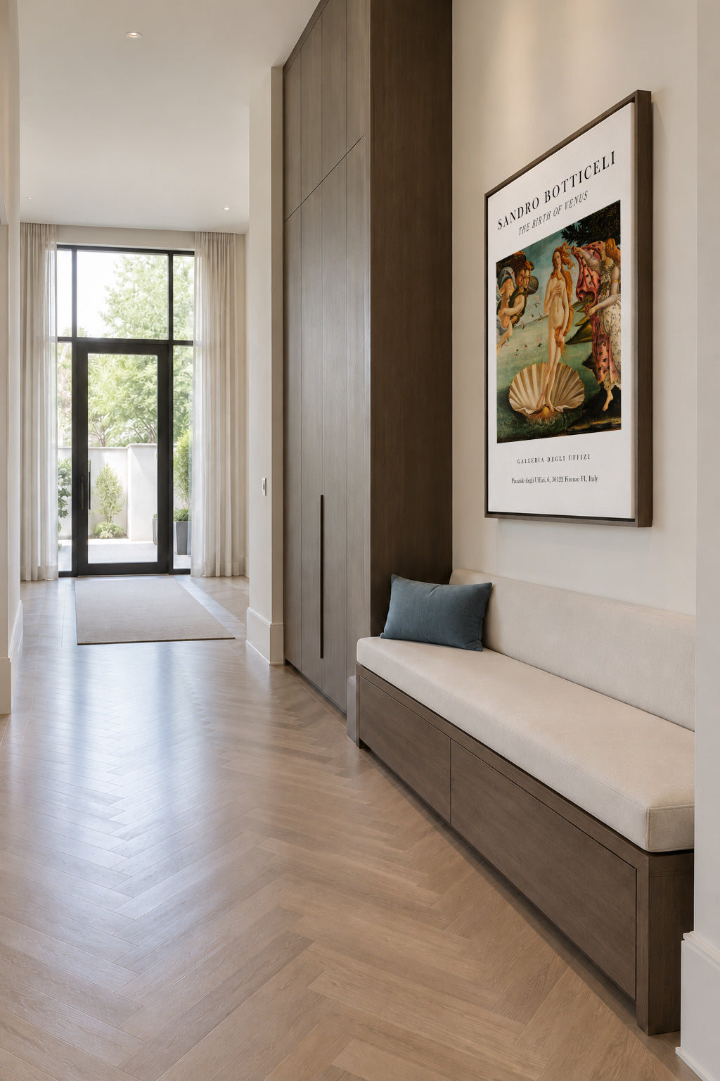 La Nascita di Venere Exhibition White - Sandro Botticelli - Framed canvas in an interior