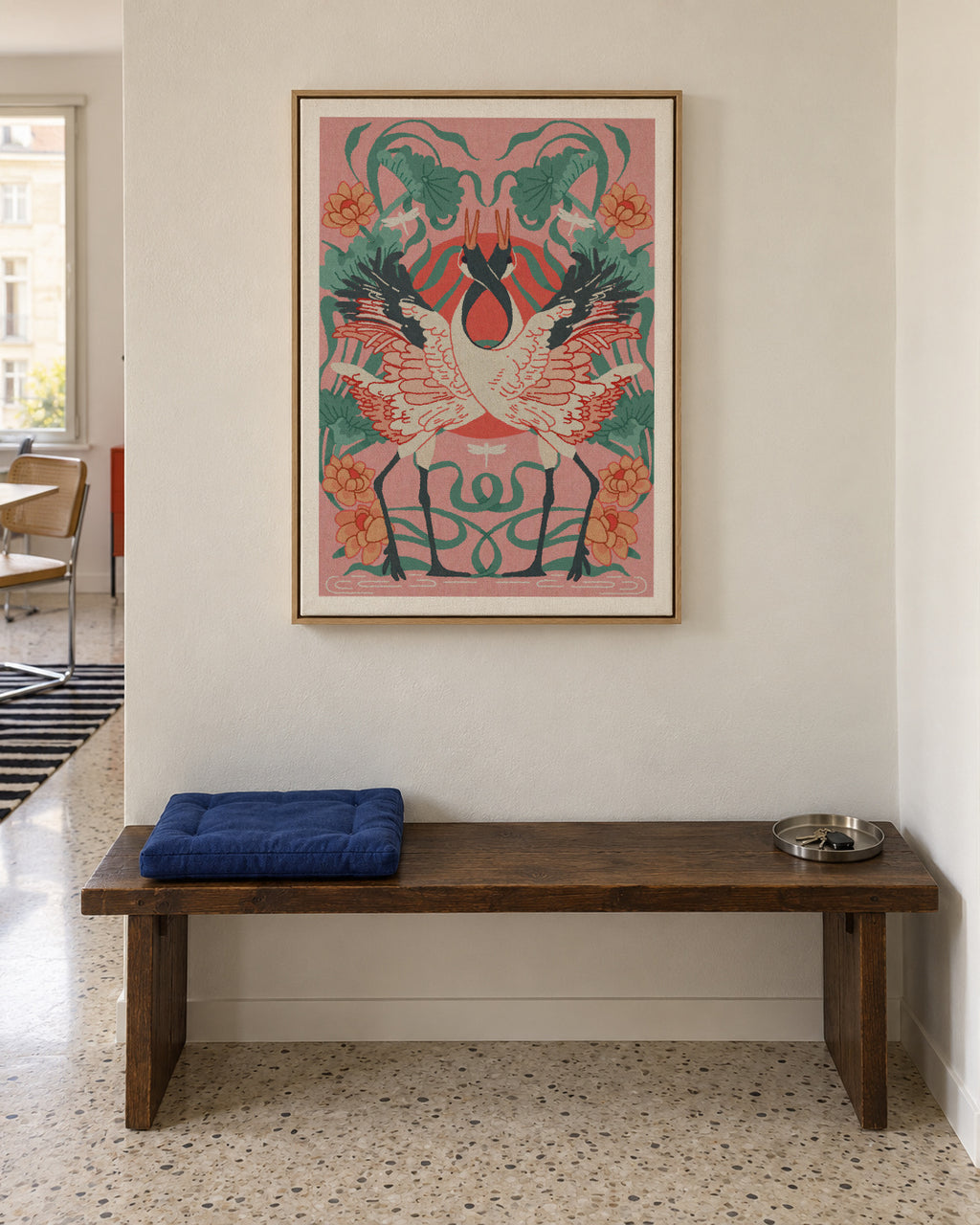 Dancing Cranes - Framed canvas in an interior