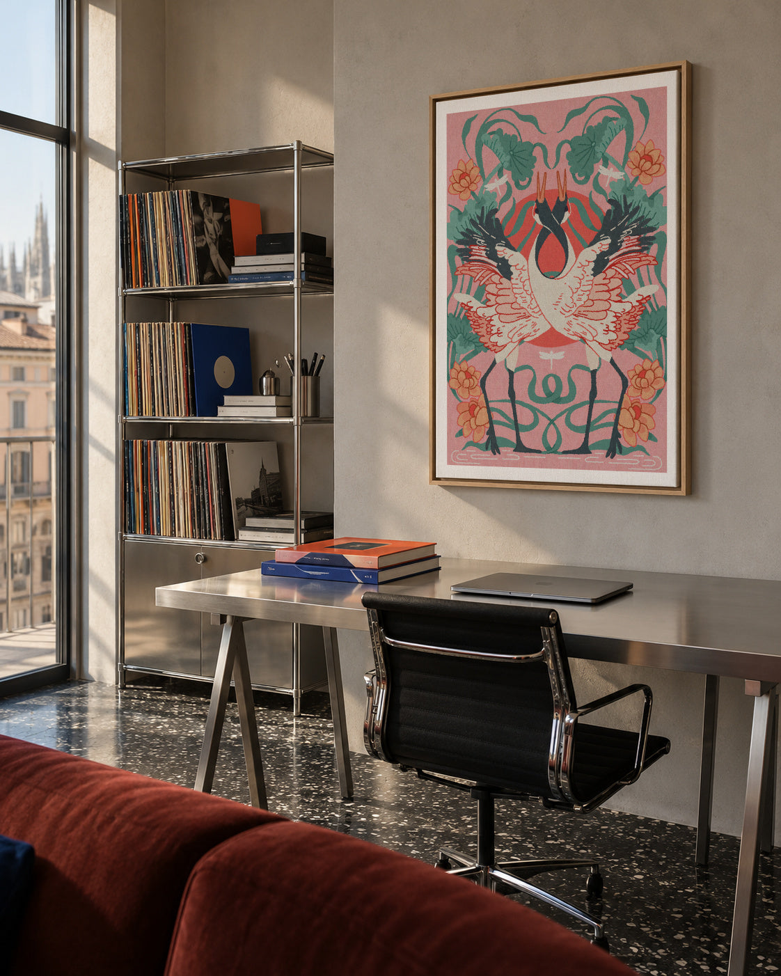 Dancing Cranes - Framed canvas in an interior