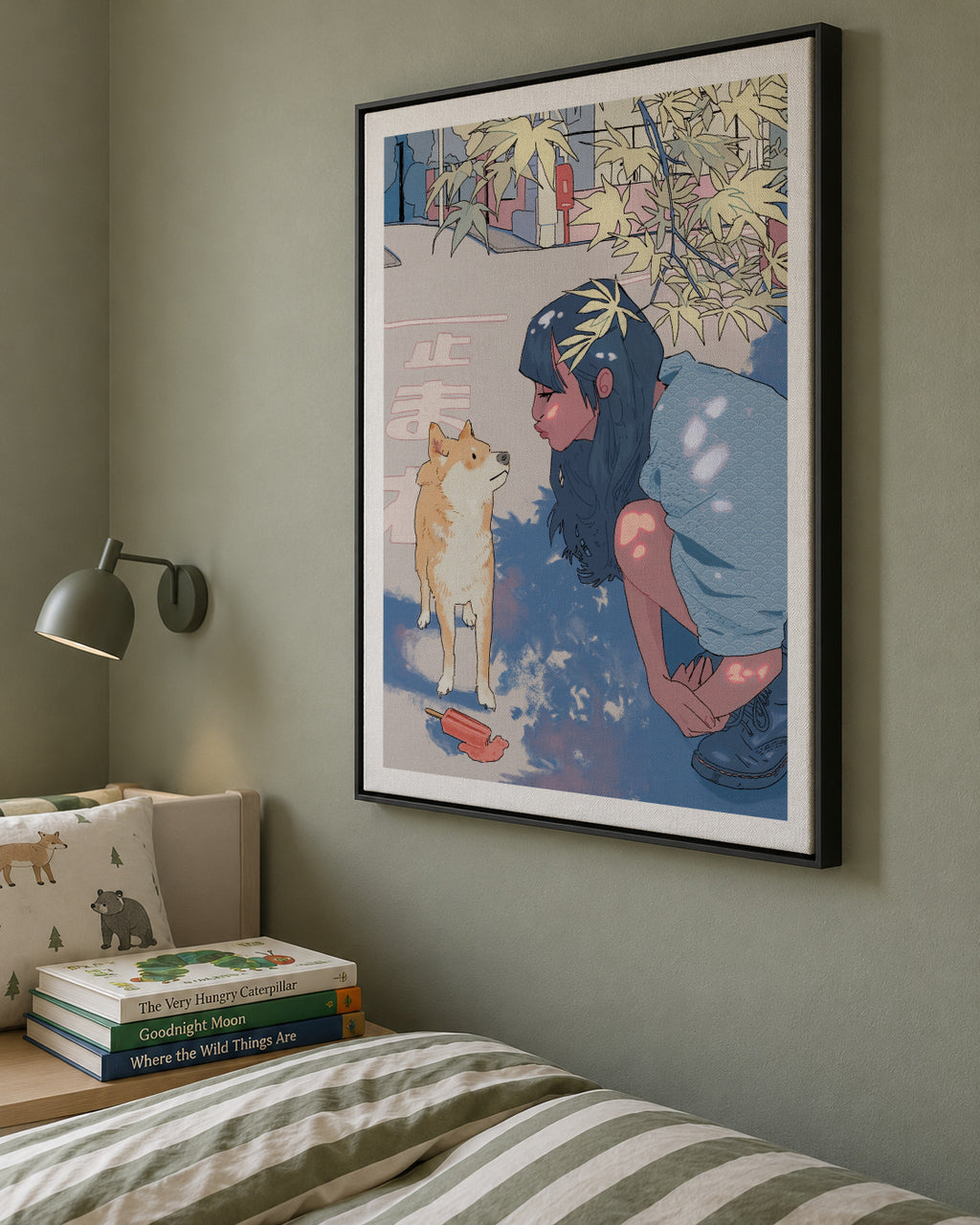 Girl & the Shiba - Framed canvas in an interior