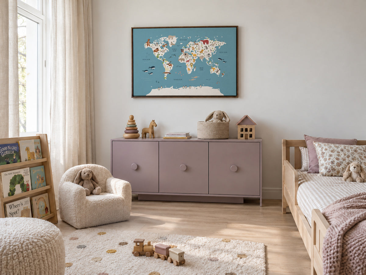 World Map with animals blue - Framed canvas in an interior