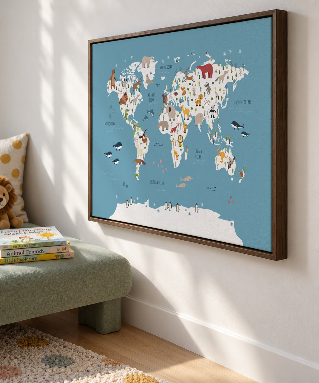 World Map with animals blue - Framed canvas in an interior