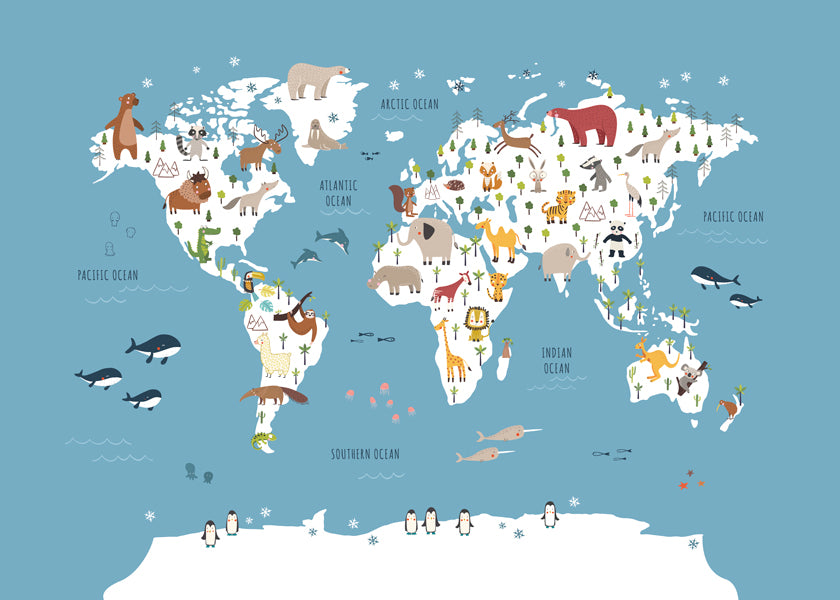 World Map with animals blue