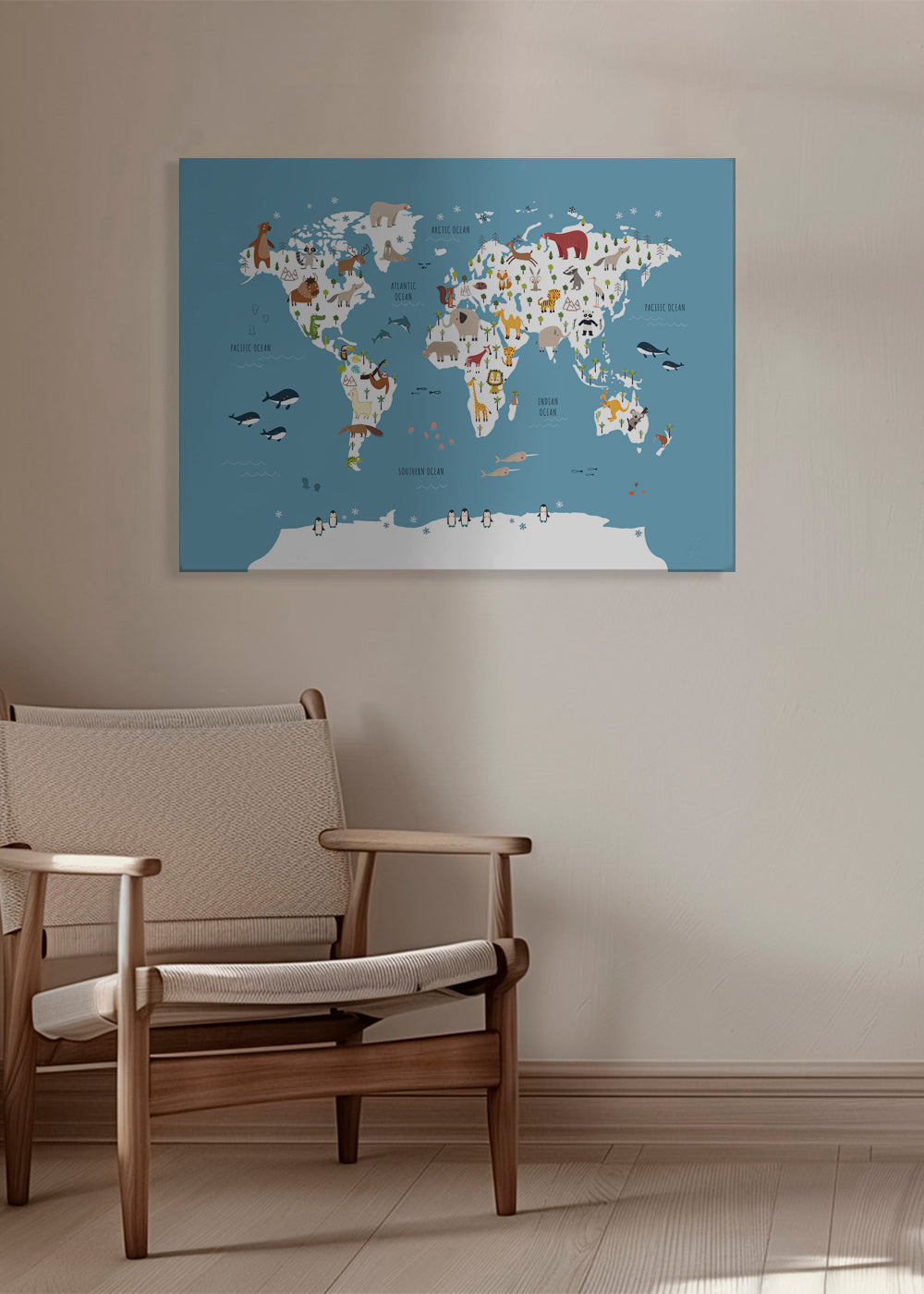 World Map with animals blue
