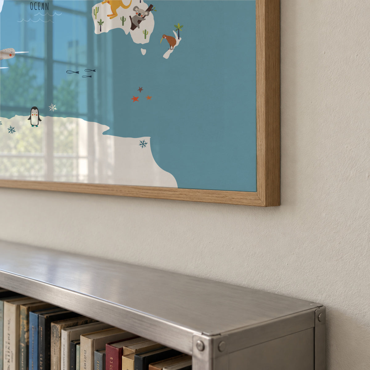 World Map with animals blue - Framed poster detail