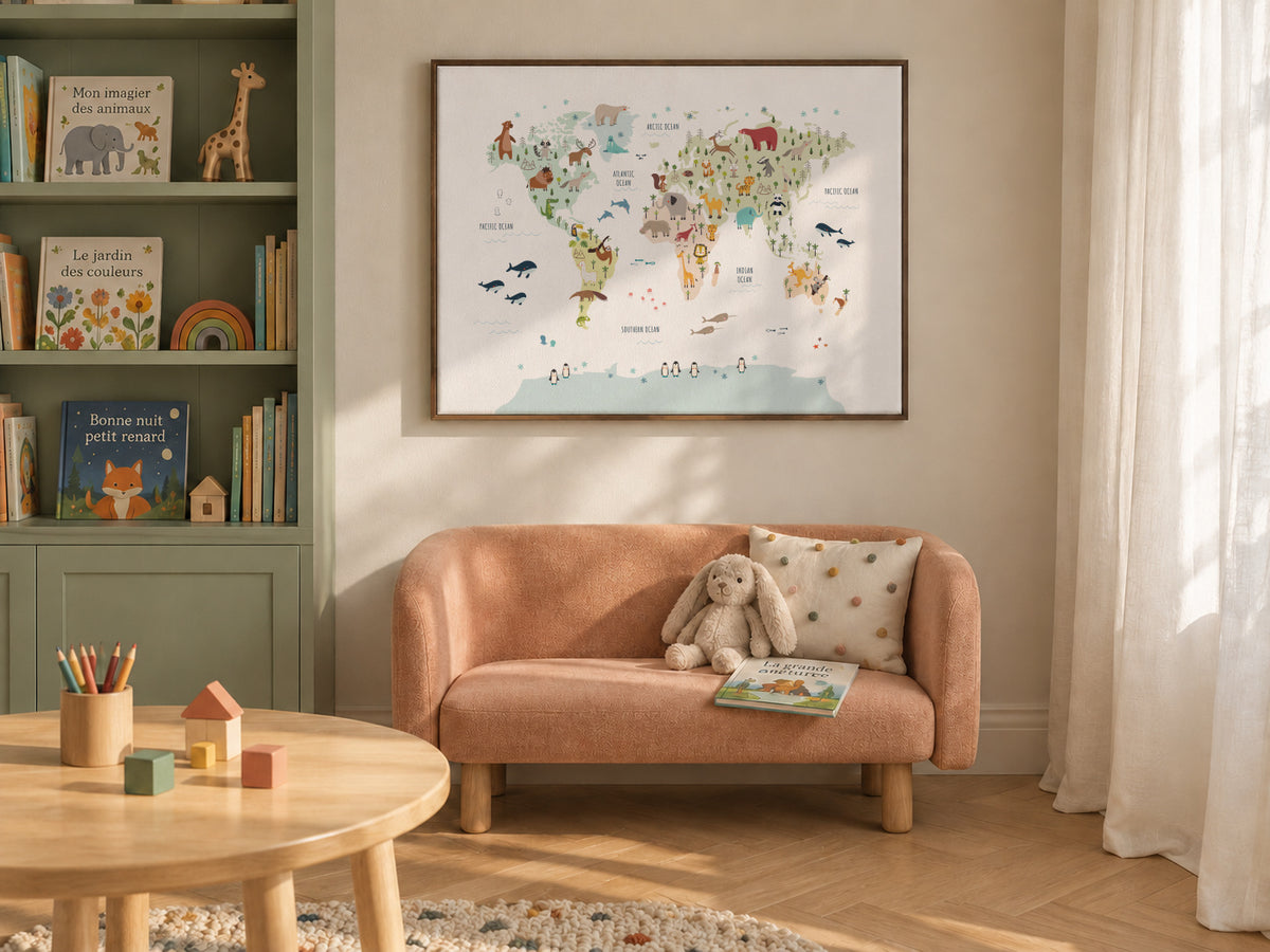 World Map with animals colours - Framed canvas in an interior