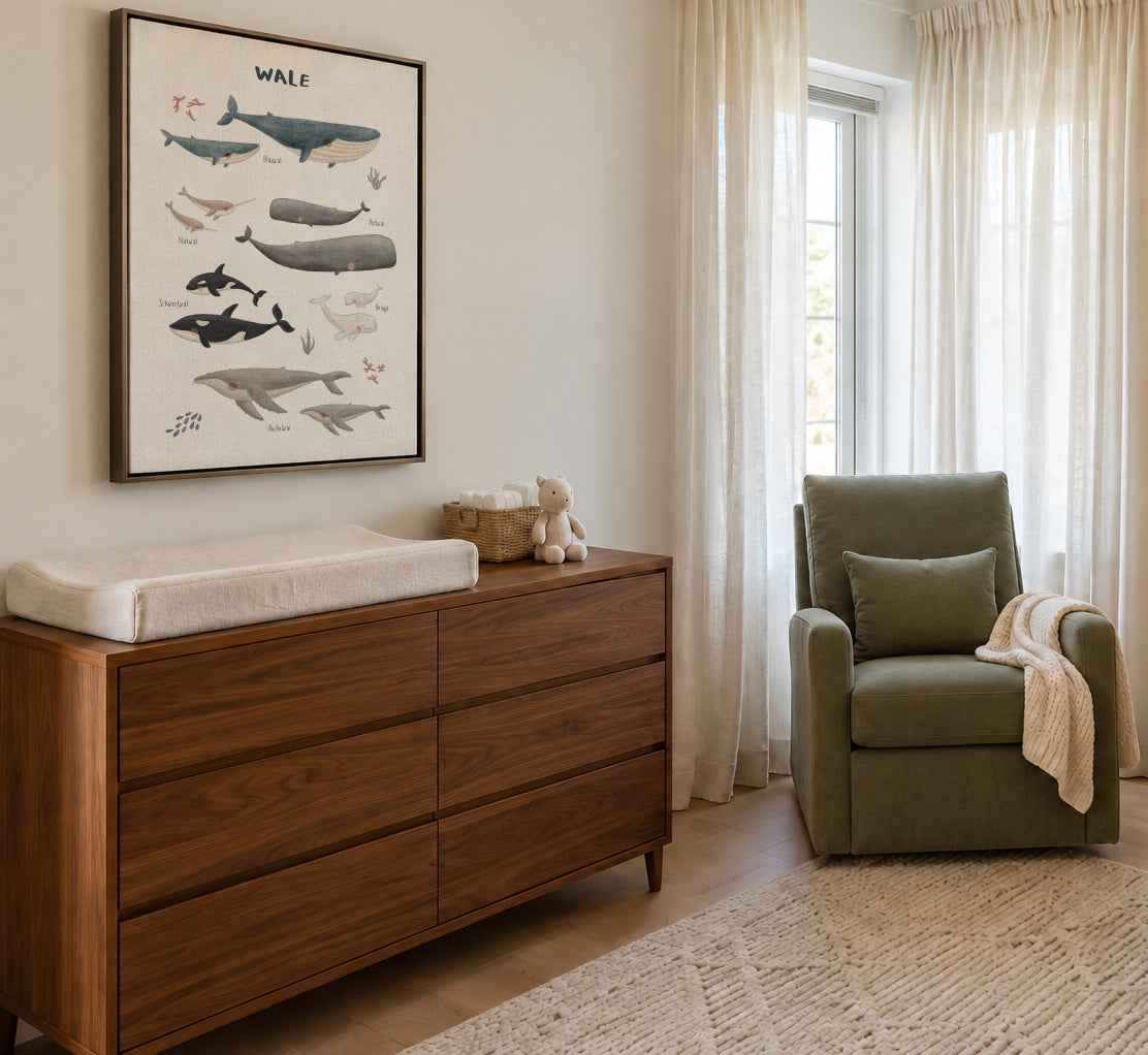 Ballenas fondo blanco (aleman) - Framed canvas in an interior