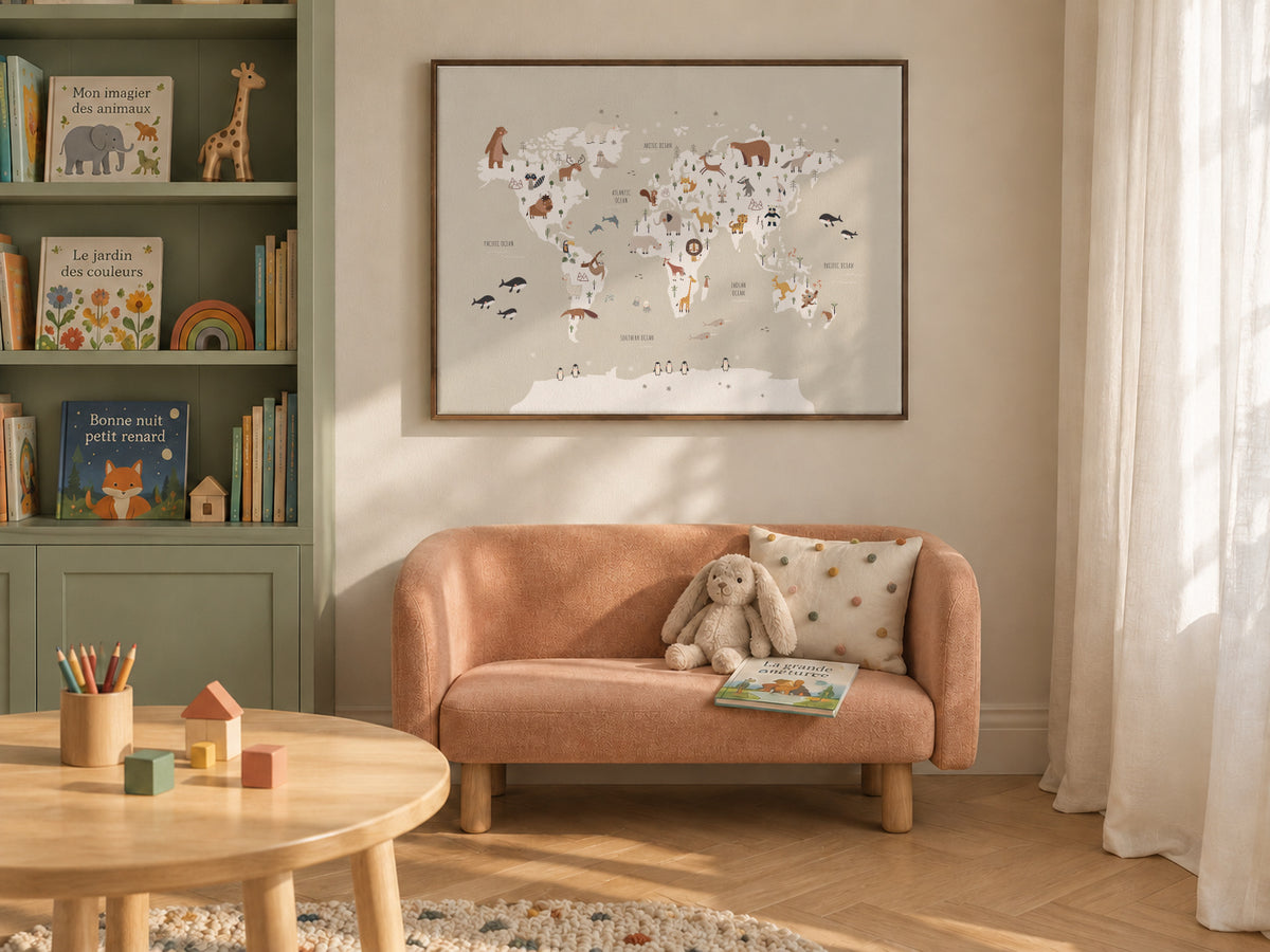 Mapa con animales beige - Framed canvas in an interior