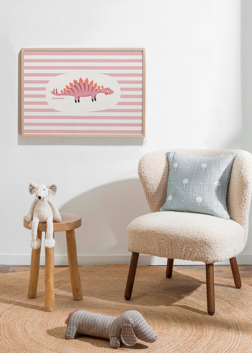 Lámina infantil de dinosaurio stegosaurus sobre rayas – Product2