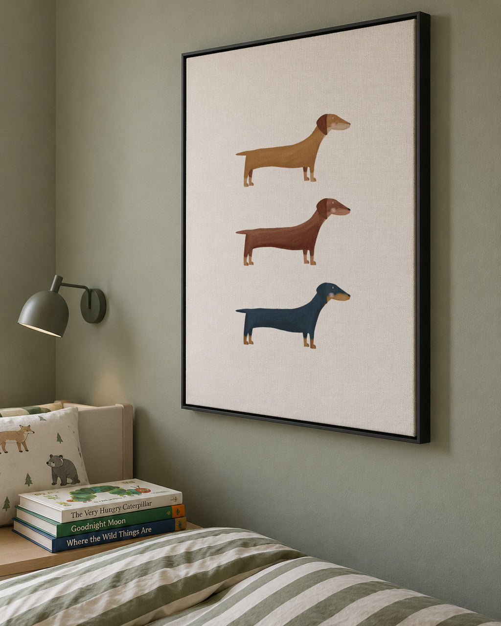 Three Dachshund Dogs - Framed canvas in an interior