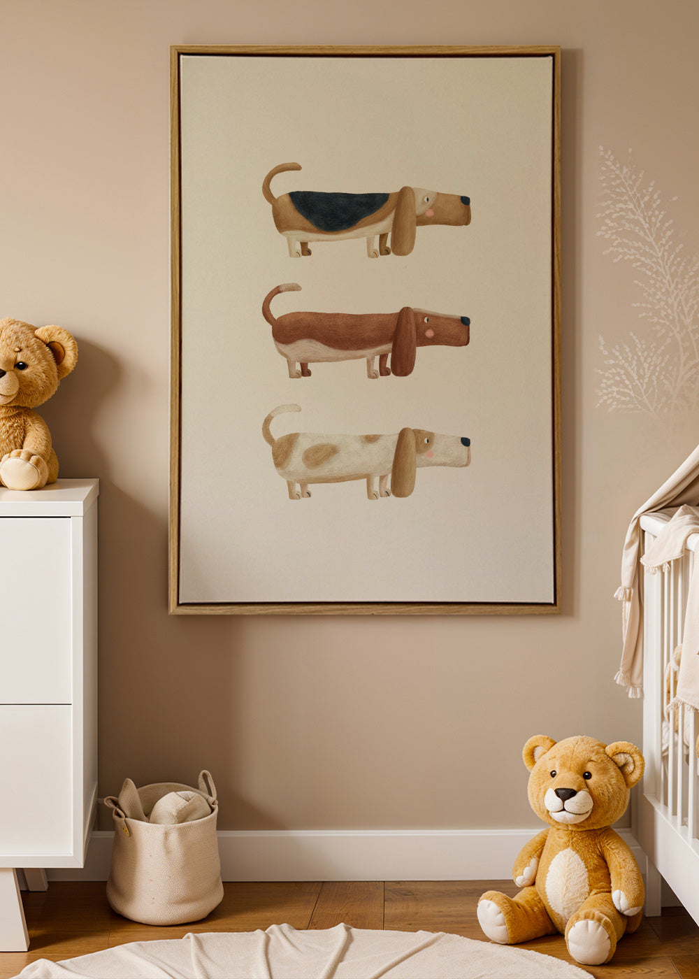 Three Basset Hound Dogs - Framed canvas in an interior