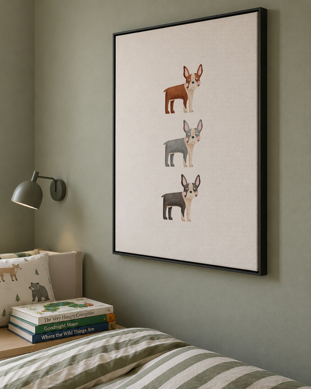 Three Boston Terrier Dogs - Framed canvas in an interior