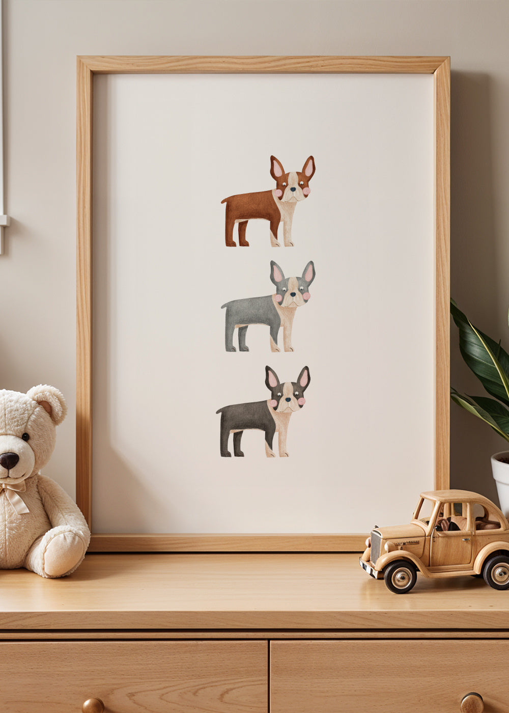 Three Boston Terrier Dogs - Framed poster in an interior