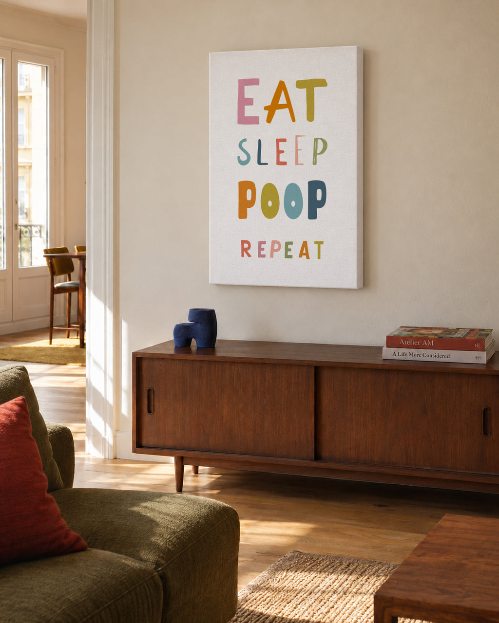 Eat sleep poop repeat quote - Unframed canvas in an interior